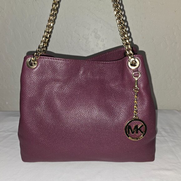Michael Kors Jet Set Large Gold Chain Plum Grain Leather Shoulder Bag Tote - Picture 1 of 16